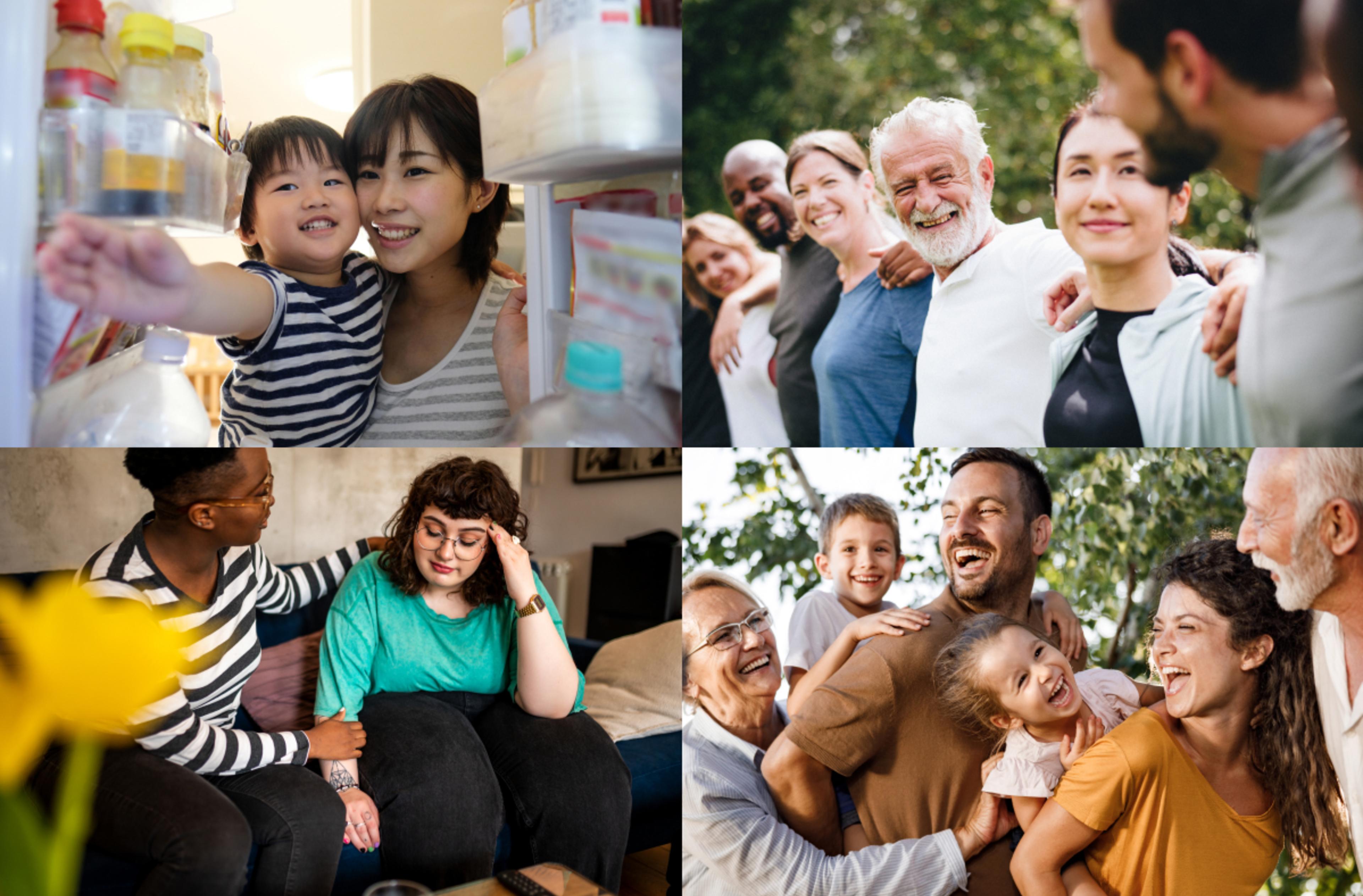 4 photos the depict United Ways 4 areas of focus which include Socio-economic Well-Being; Social Inclusion; Mental Health; and Healthy Relationships.