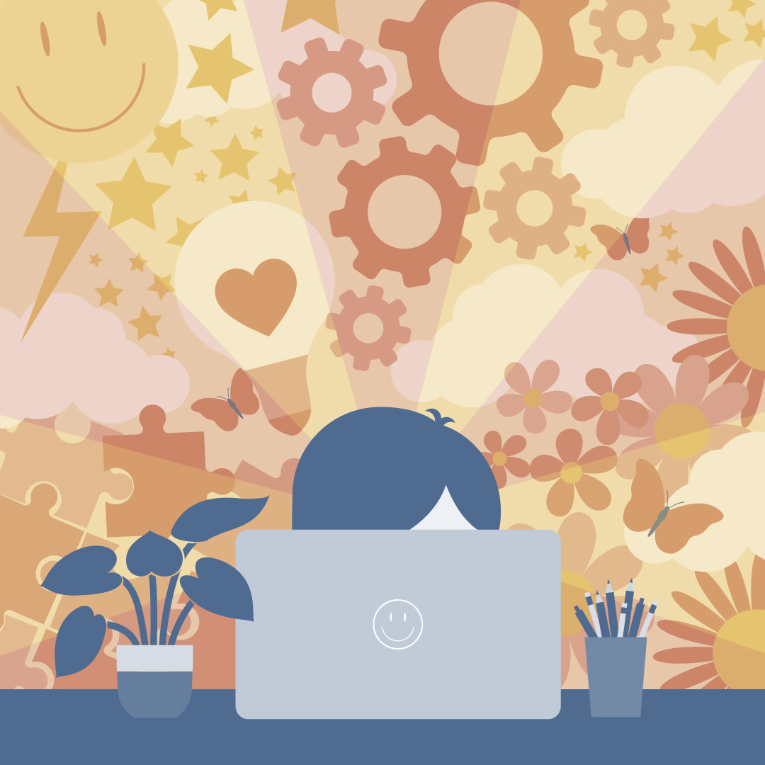 Illustrative graphic with a person behind a computer screen and a background of gears, smiley faces, flowers, puzzle pieces ane hearts radiate from rays of light.