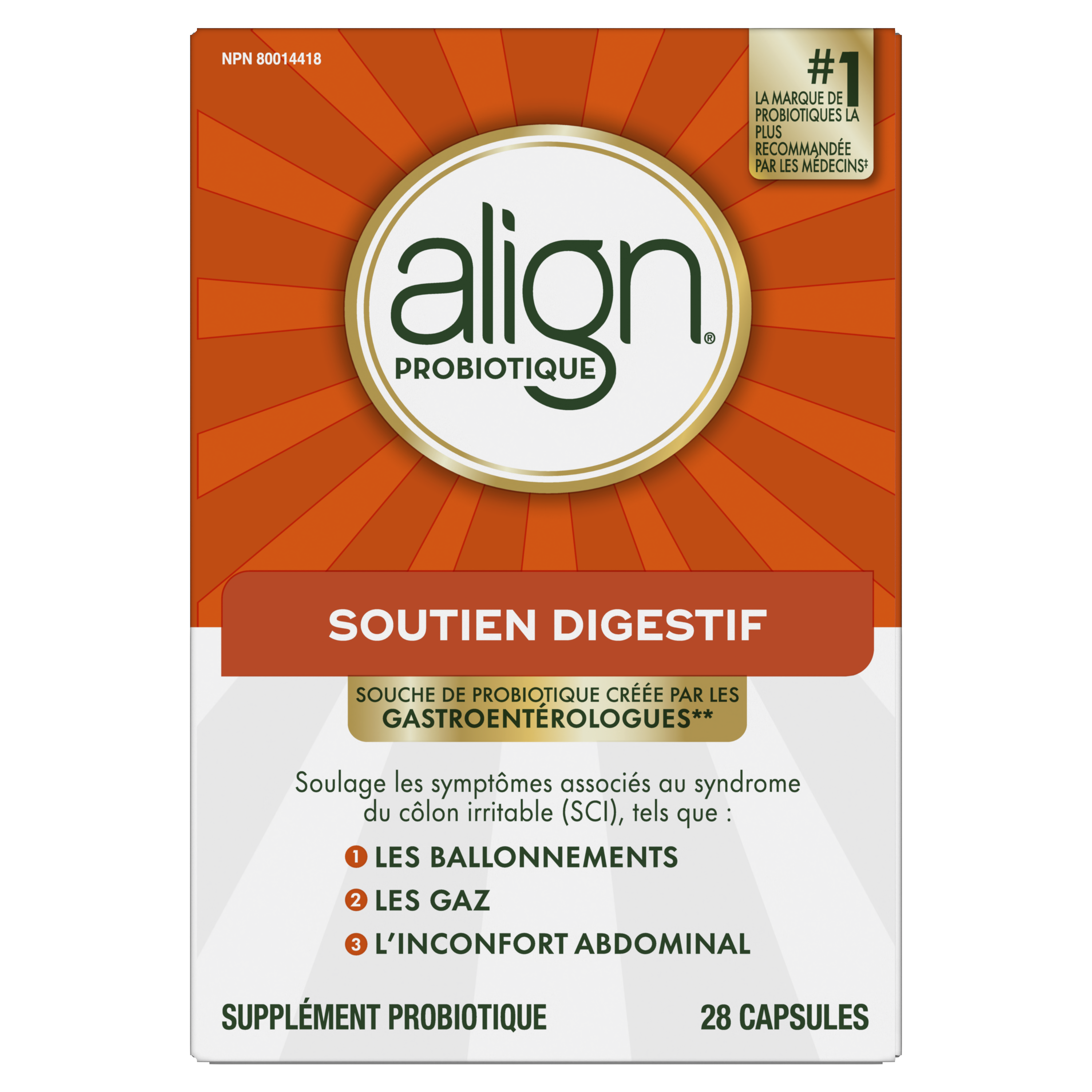 Capsules de supplément probiotique Align offrant un soutien digestif Emballage d'Align Probiotique pour soutien digestif, marque #1 recommandée, 14 capsules pour soulager les symptômes du SCI.