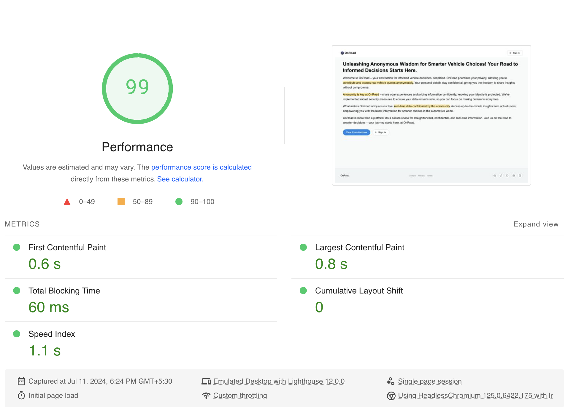 OnRoad Page Speed Insights