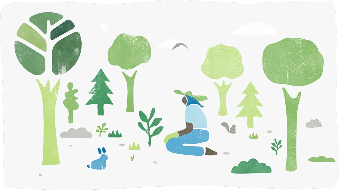 Ilustracja drzew, roślin i osoby siedzącej na ziemi i sadzącej rośliny, przedstawiona w naturalnych odcieniach zieleni i błękitu.