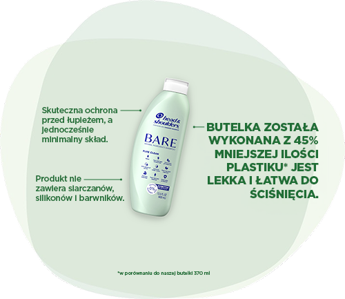 Head & Shoulders BARE: Skuteczna ochrona przed łupieżem, a jednocześnie minimalny skład. Butelka została wykonana z 45% mniejszej ilości plastiku* (*w porównaniu do naszej butelki 370 ml) - jest lekka i łatwa do ściśnięcia.