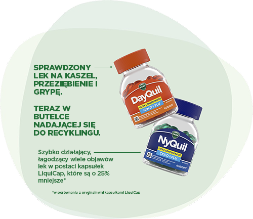 DayQuil & NyQuil: Sprawdzony lek na kaszel, przeziębienie i grypę. W butelce nadającej się do recyklingu. Szybko działający, łagodzący wiele objawów lek w postaci kapsułek LiquiCap, które są o 25% mniejsze*; *w porównaniu z oryginalnymi kapsułkami LiquiCap