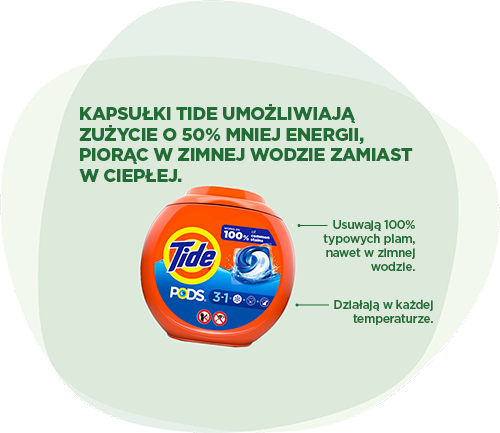Kapsułki TIDE: Kapsułki Tide umożliwiają zużycie o 50% mniej energii, piorąc w zimnej wodzie zamiast w ciepłej. Usuwają 100% typowych plam, nawet w zimnej wodzie. Działają w każdej temperaturze.