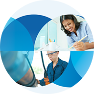 Górna prawa sekcja pokazuje kobietę z ciemnymi włosami, ubraną w jasnoniebieską koszulę i piszącą na kartce papieru. Dolna lewa sekcja pokazuje osobę w okularach ochronnych i niebieskiej koszuli.