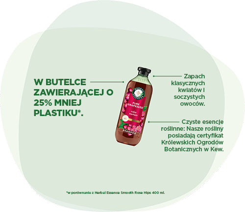 Herbal Essences: W butelce zawierającej o 25% mniej plastiku*. Zapach klasycznych kwiatów i soczystych owoców. Czyste esencje roślinne: Nasze rośliny posiadają certyfikat Królewskich Ogrodów Botanicznych w Kew. *w porównaniu z HE Smooth Rose Hips 400 ml.