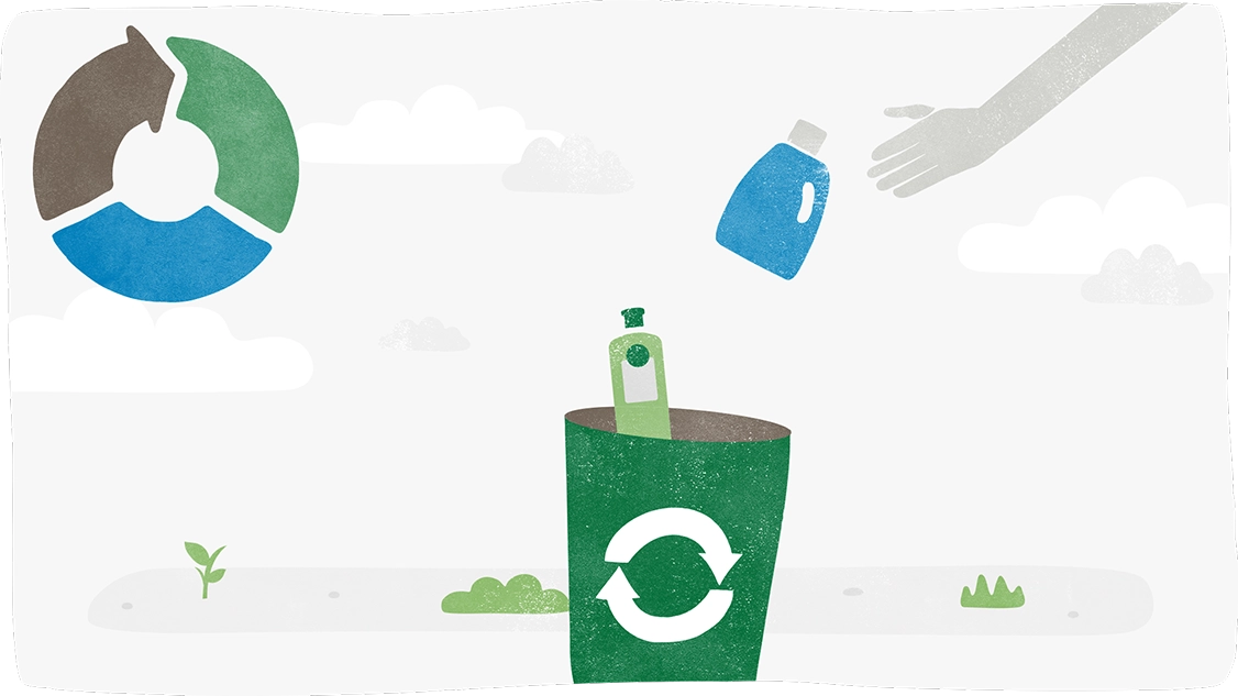 Graficzna ilustracja ikony recyklingu, kosza na śmieci i ręki wyrzucająca plastikową butelkę, w odciniach zieleni, niebieskiego i brązu.