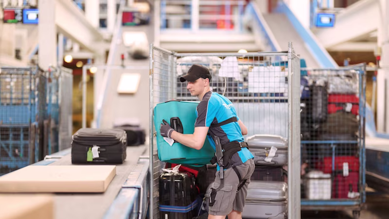 A man wearing a back exoskeleton lifts a heavy suitcase on a baggage carousel