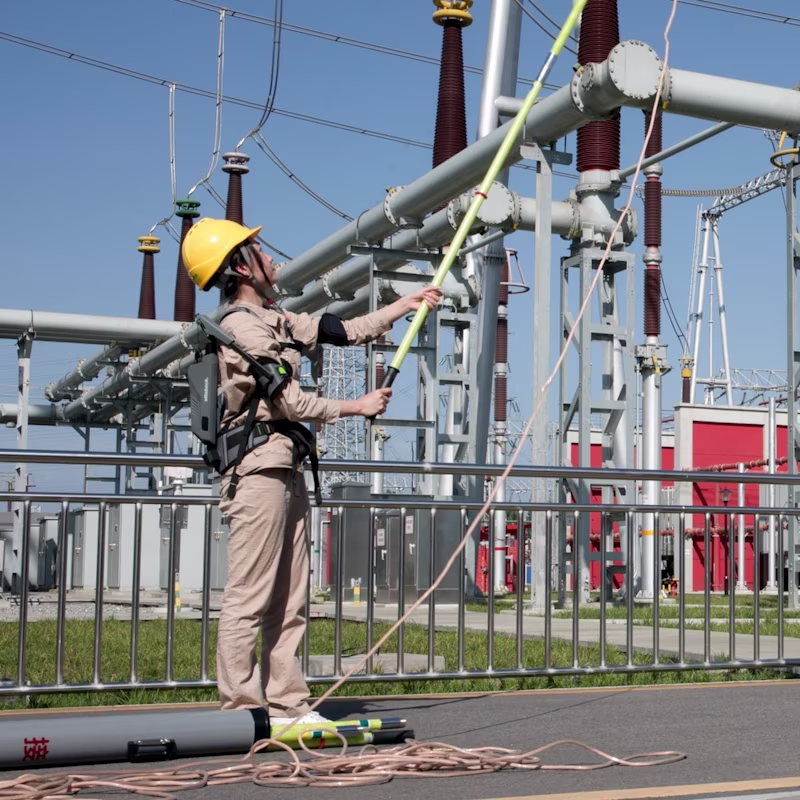 Eine Arbeiterin mit einem gelben Helm und einem Schulterexoskelett steht in einem Umspannwerk und hält eine Teleskopstange in die Höhe.