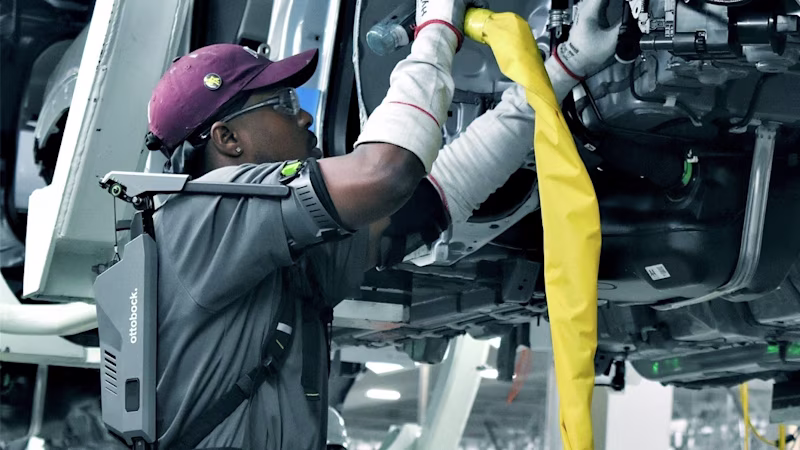 A worker with shoulder exo works on the body of a vehicle.