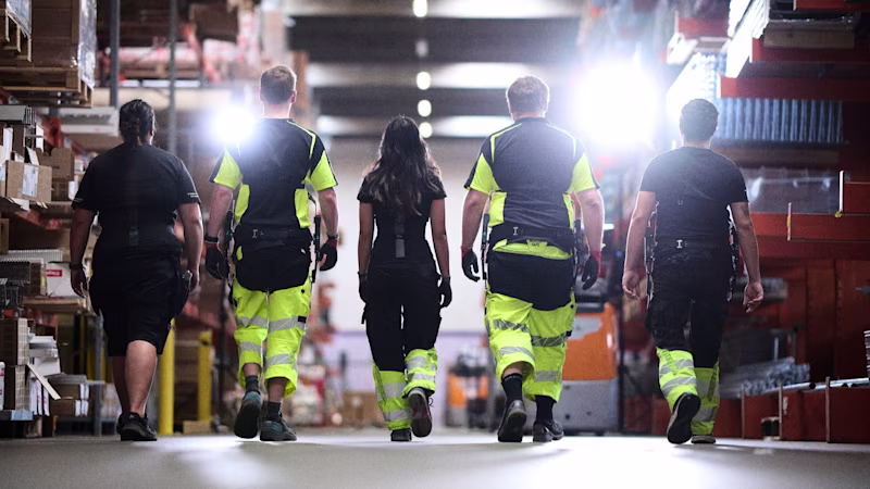 Fünf Lagerarbeiter tragen die Exoskelette IX BACK AIR und CX SOFT BACK und schreiten durch eine Lagerhalle vom Betrachter weg.