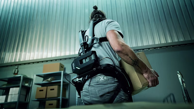 Back view of a warehouse worker wearing the IX BACK VOLTON back exoskeleton from SUITX.
