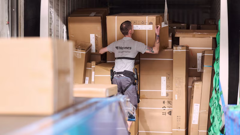 Large item sorting at the Hermes Logistics Center Friedewald with back exoskeleton (Photo: Hermes Germany / Willing-Holtz)
