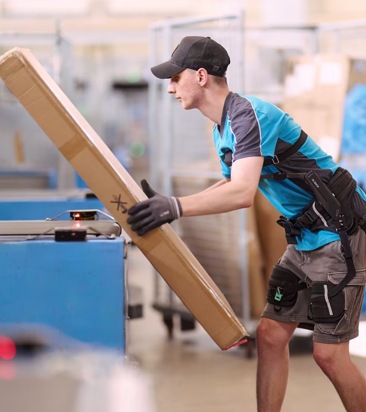A warehouse worker in side view wears a back exoskeleton and is lifting a package onto a conveyor belt. (Photo: Hermes Germany / Willing-Holtz)