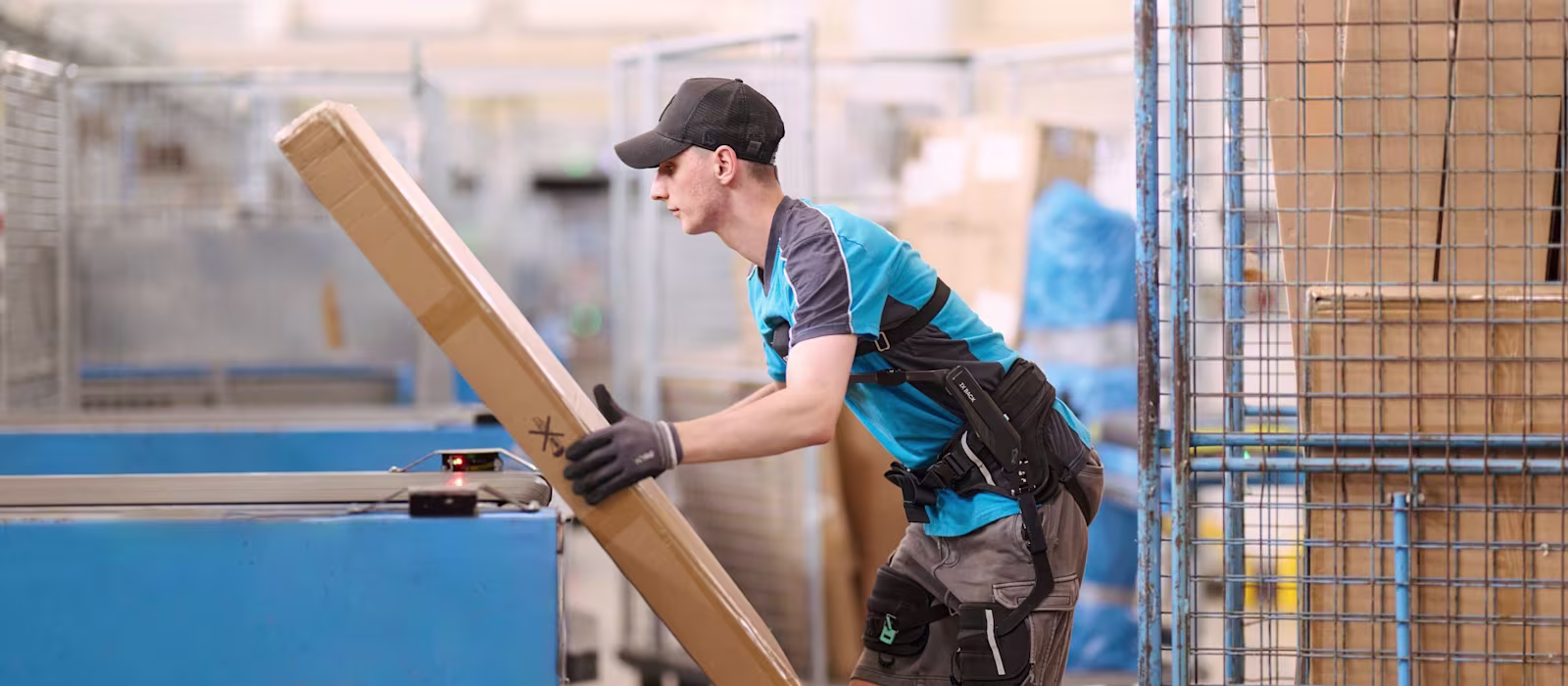 A warehouse worker in side view wears a back exoskeleton and is lifting a package onto a conveyor belt. (Photo: Hermes Germany / Willing-Holtz)