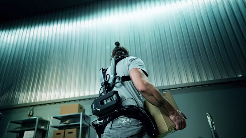 Back view of a warehouse worker wearing the IX BACK VOLTON back exoskeleton from SUITX.