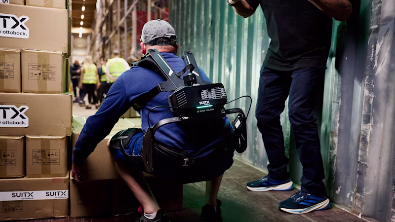 Das Rückenexoskelett IX BACK VOLTON schwebt vor einem grün-dunklen Hintergrund mit einem grünen Blitz.