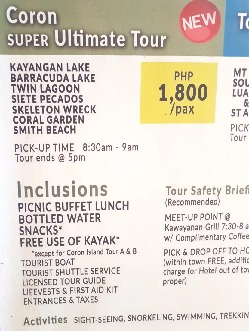 A paper showing the itinerary and cost (PHP 1,800) for the Coron Super Ultimate Tour