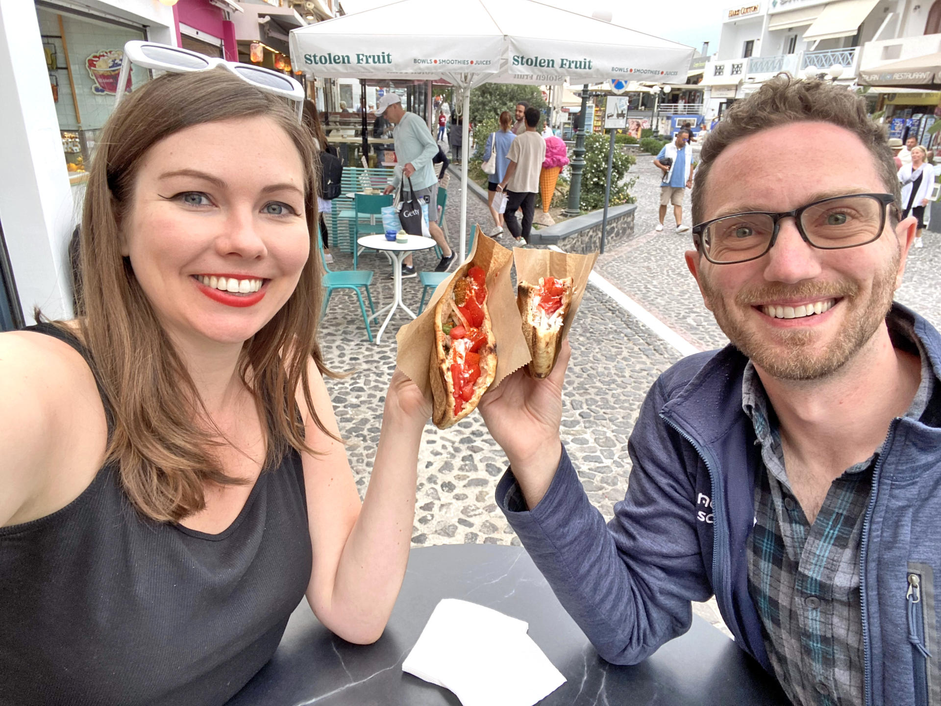 We got our favorite falafel gyro at Yogi Gyro restaurant in Fira Santorini