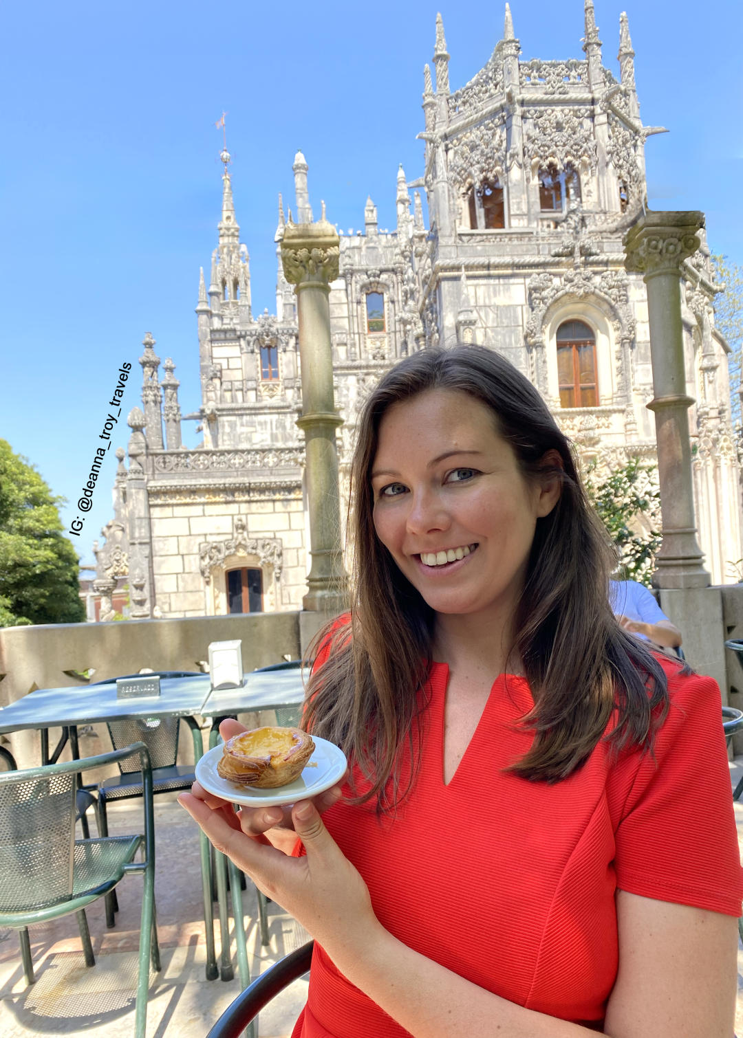 Enjoying a pastel de nata at the Coisas do Vinho Cafe at the Quinta da Regaleira