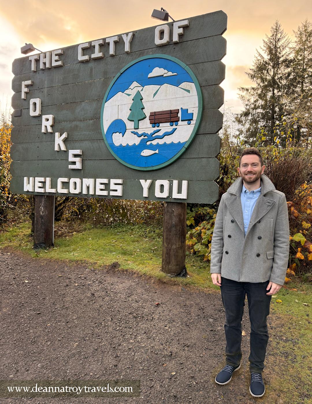 "Edward" aka Cedric with the Welcome to Forks Sign