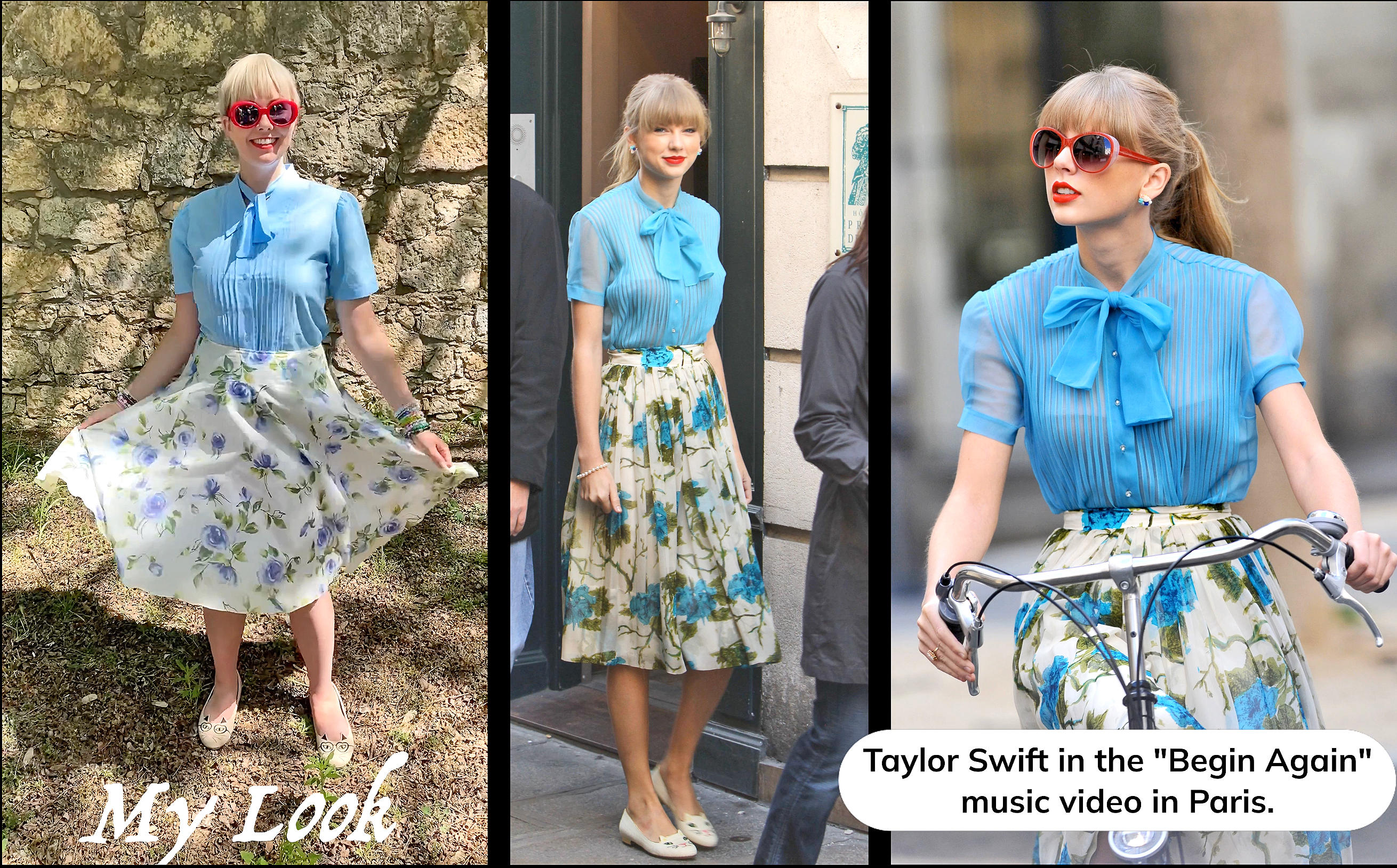 Side by side of recreation Taylor Swift outfit.