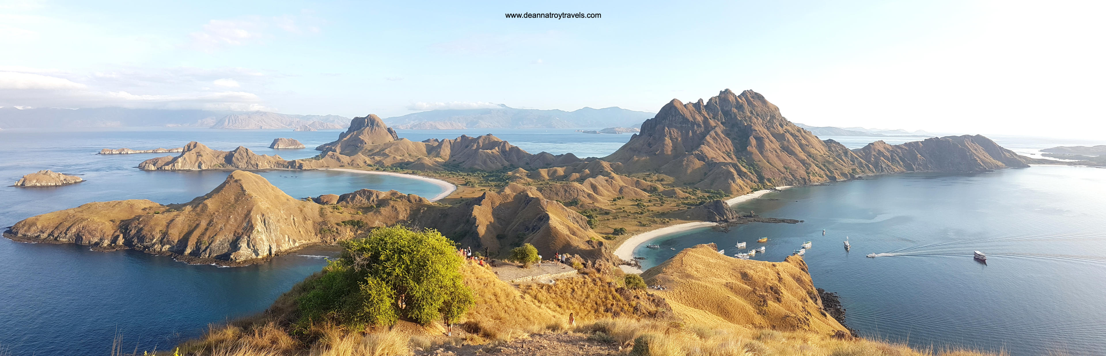 A full panorama of the stunning mountains on Padar Island in Indonesia.
