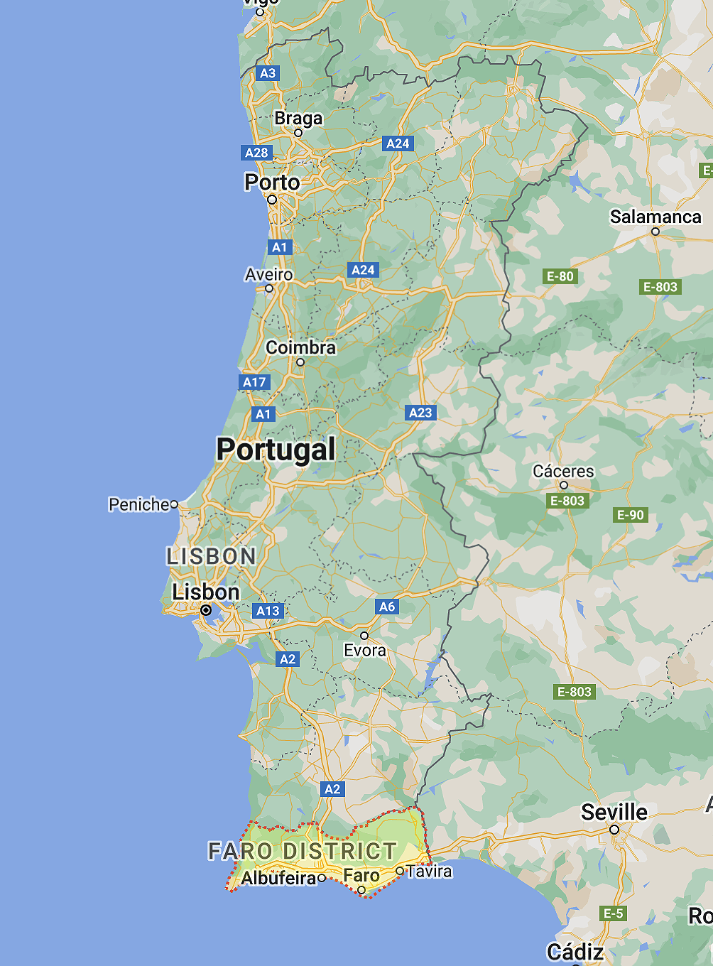 The Algarve section of Portugal consists of the bottom. Also known as the Faro District