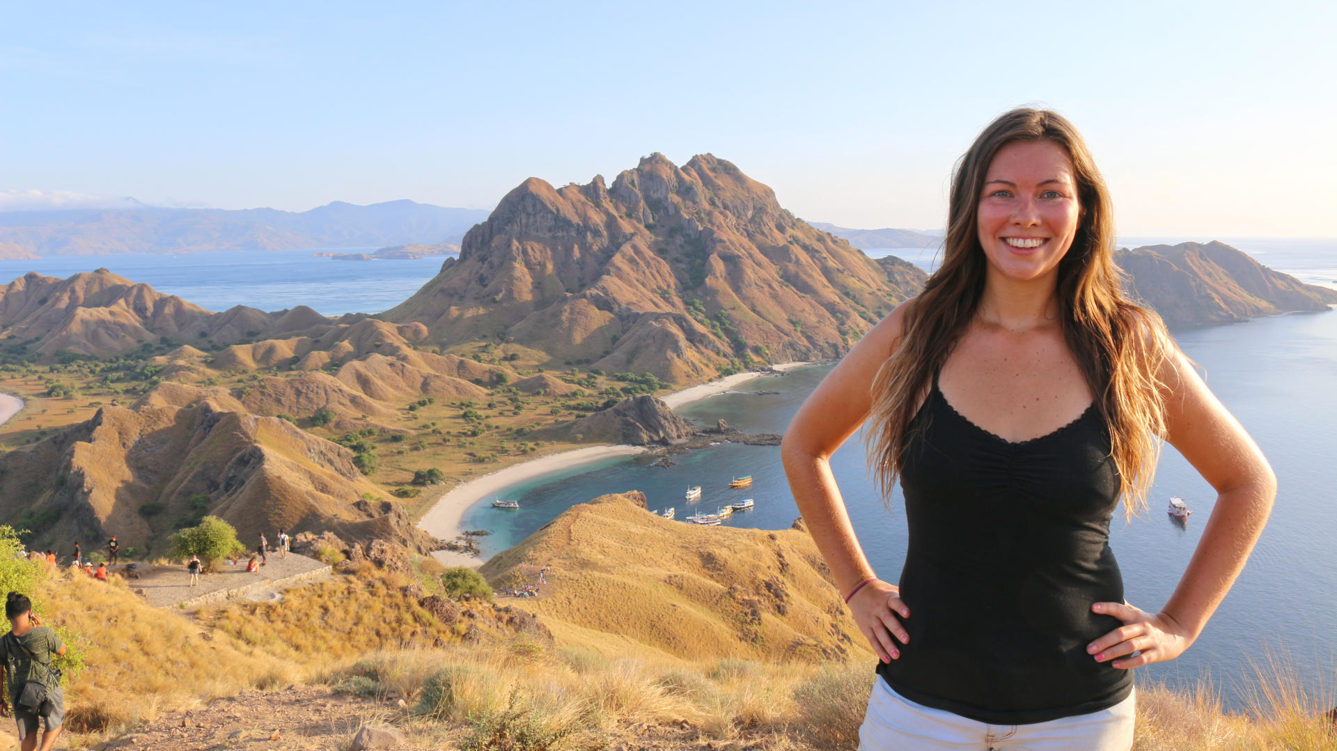 Myself with the amazing Padar Island mountains, doesn't it look like a green screen?