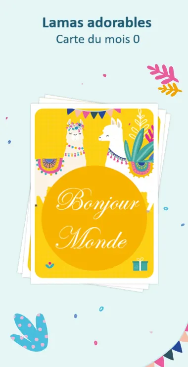 Cartes imprimées pour célébrer la naissance de votre bébé. Décorées avec des motifs joyeux, y compris le charmant lama et une note de célébration : Hello World !