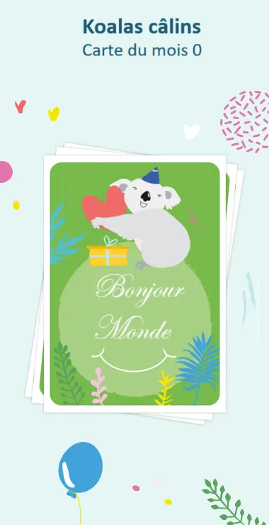 Cartes imprimées pour célébrer la naissance de votre bébé. Décorées avec des motifs joyeux, y compris le koala câlin et une note de célébration : Bonjour le Monde !