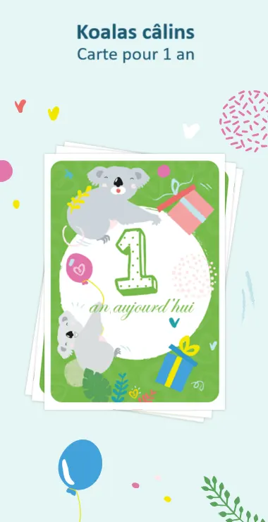 Cartes imprimées pour célébrer le premier anniversaire de votre bébé. Décorées avec des motifs joyeux, y compris le koala câlin et une note de célébration : 1 an aujourd'hui !
