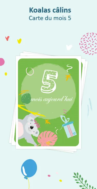 Cartes imprimées pour célébrer le moisiversaire de 5 mois de votre bébé. Décorées avec des motifs joyeux, y compris le koala câlin et une note de célébration : 5 mois aujourd'hui !