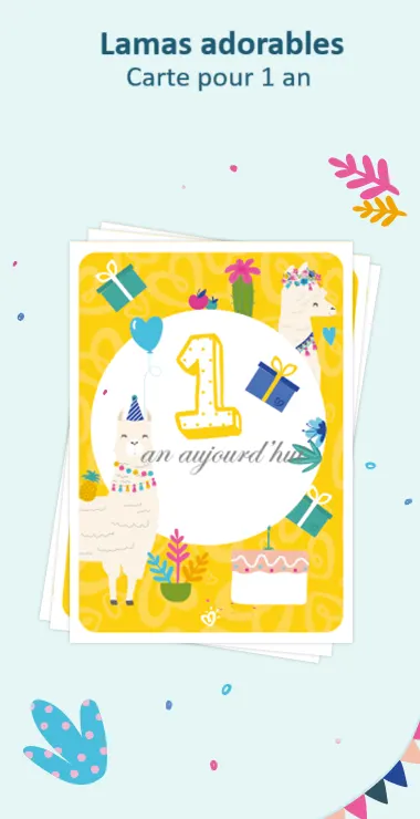 Cartes imprimées pour célébrer le premier anniversaire de votre bébé. Décorées avec des motifs joyeux, y compris le charmant lama et une note de célébration : 1 an aujourd'hui !