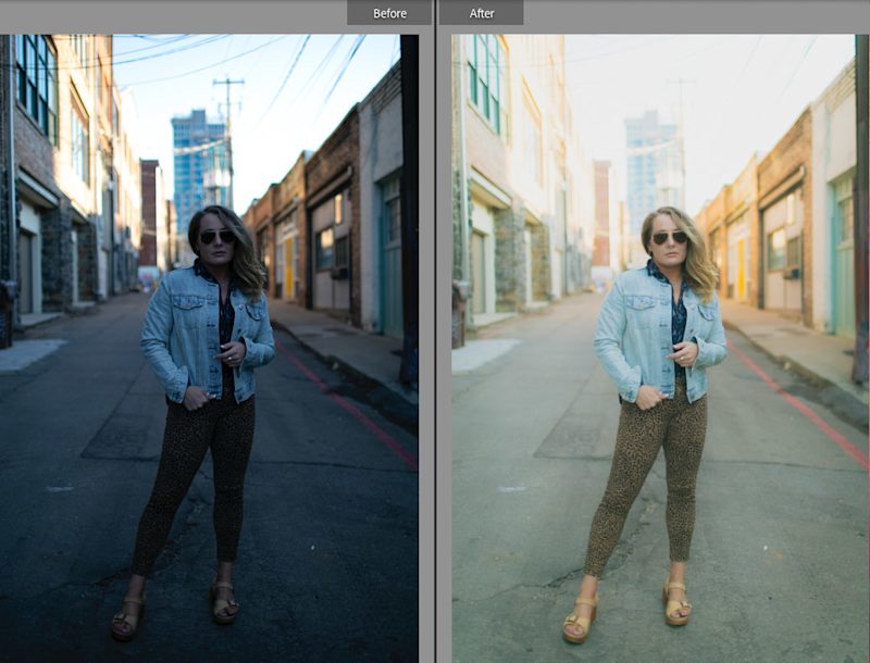 Slumberland preset applied to a portrait, imparting a film effect with free Lightroom presets