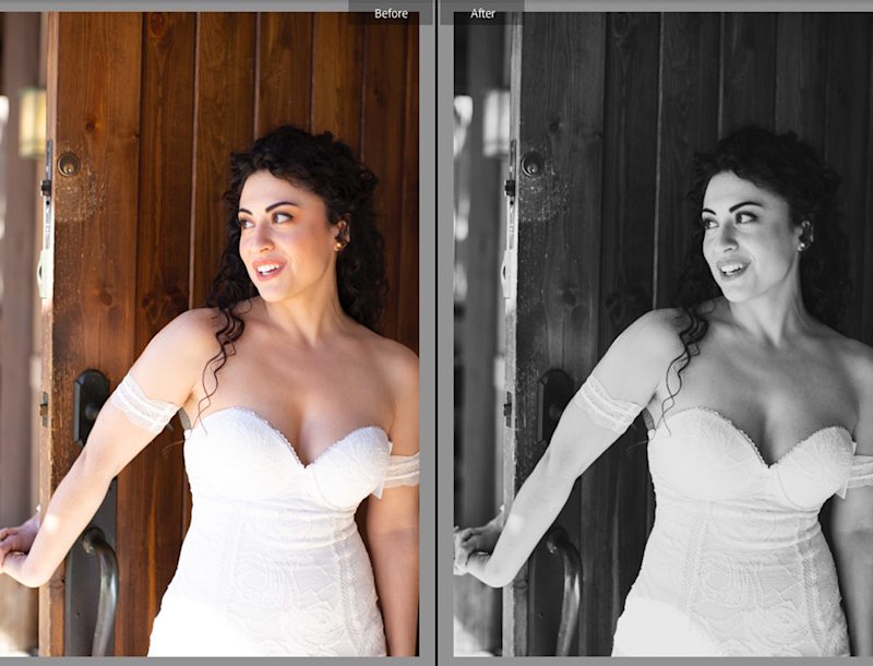 Unveiled black and white wedding photo with use of free Lightroom presets