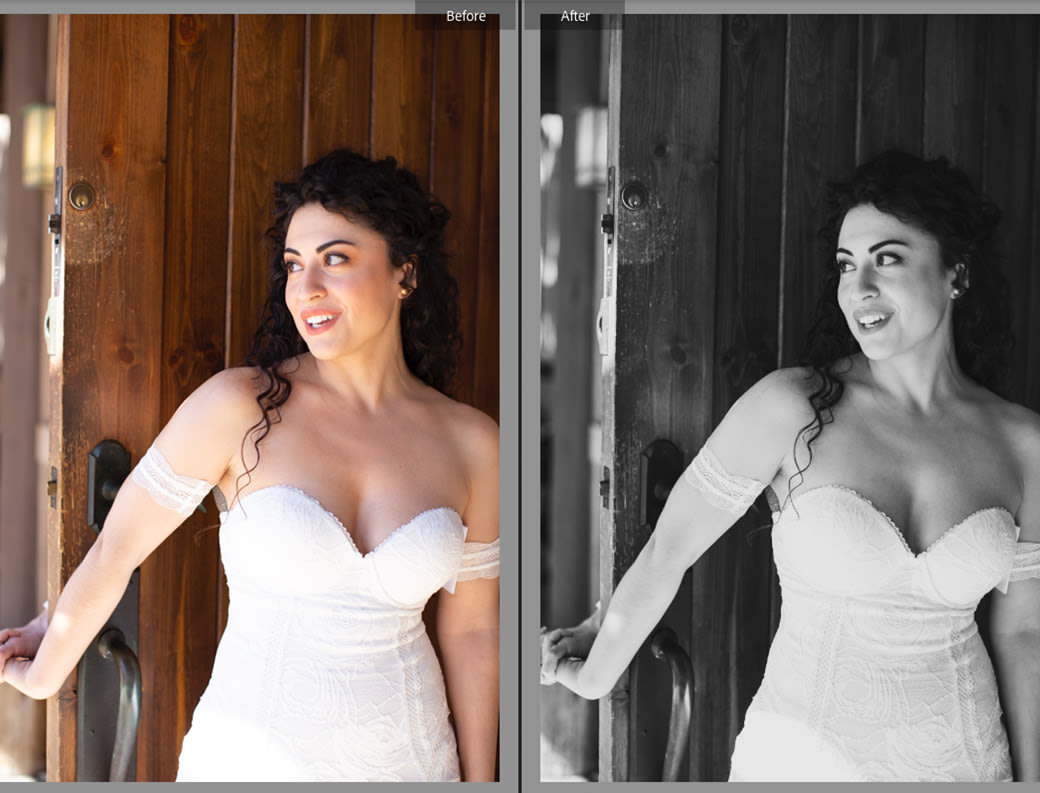 Unveiled black and white wedding photo with use of free Lightroom presets