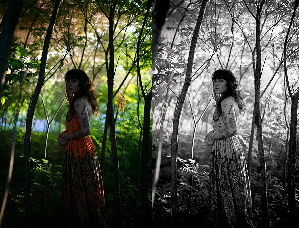 Grunge B&W preset imparting a black and white film effect with Lightroom