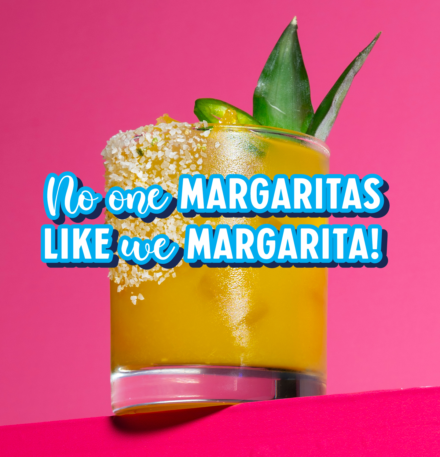 a bright pink background featuring a spicy pineapple rocks margarita 