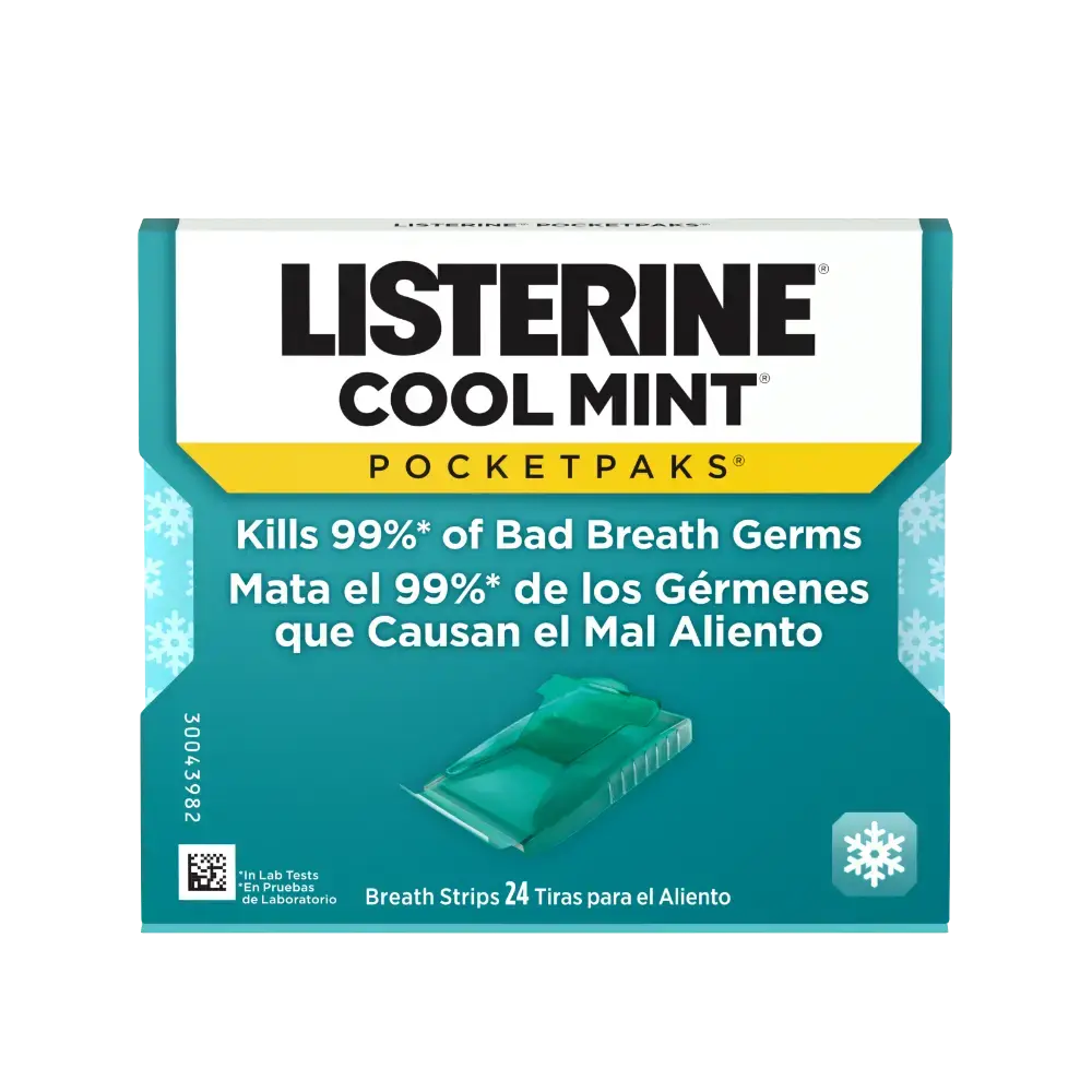 ront Pack Shot of LISTERINE® POCKETPAKS® Fresh Breath Strips COOL MINT 24 ct.