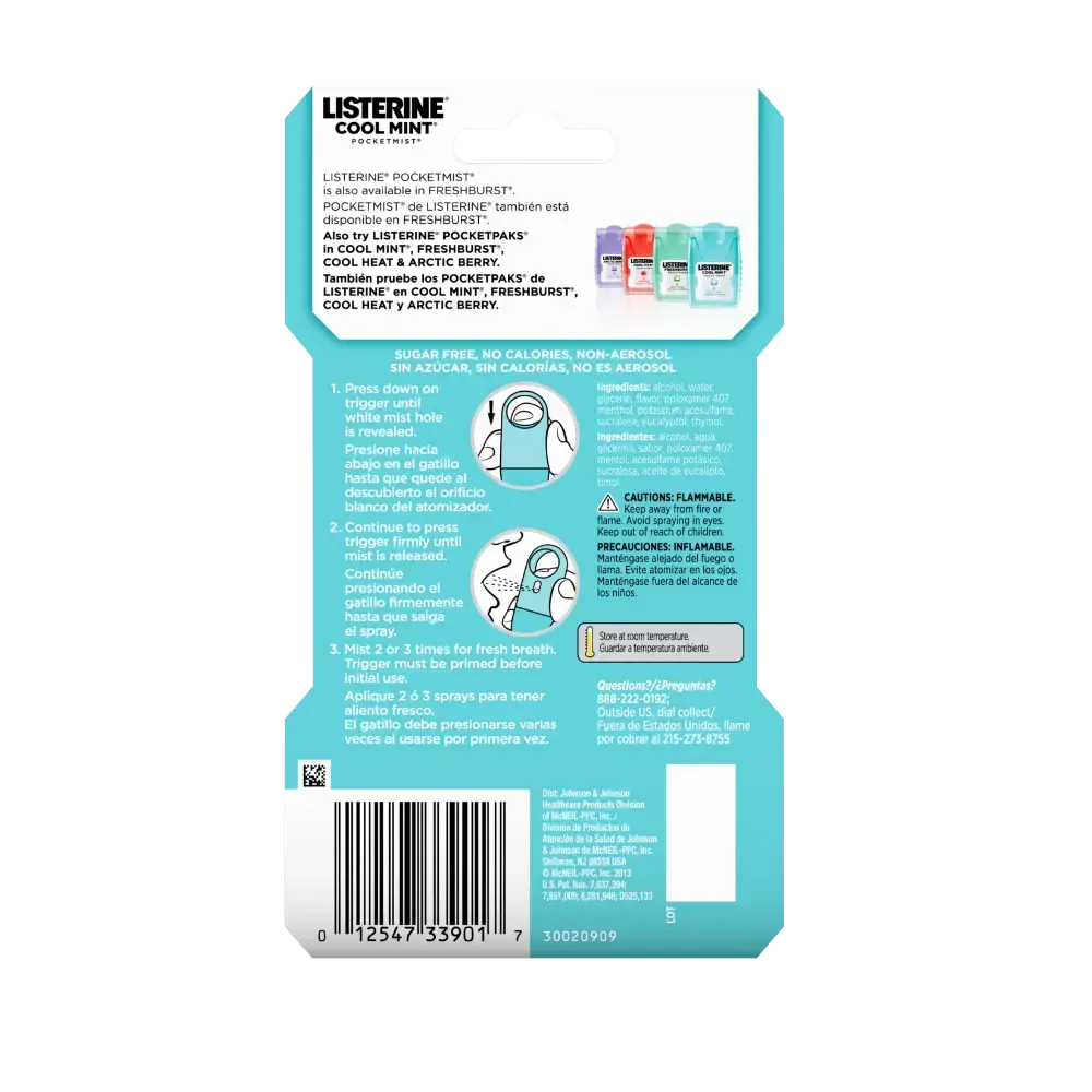 Back Pack Shot of LISTERINE® POCKETMIST® Fresh Breath Spray COOL MINT 7.7mL