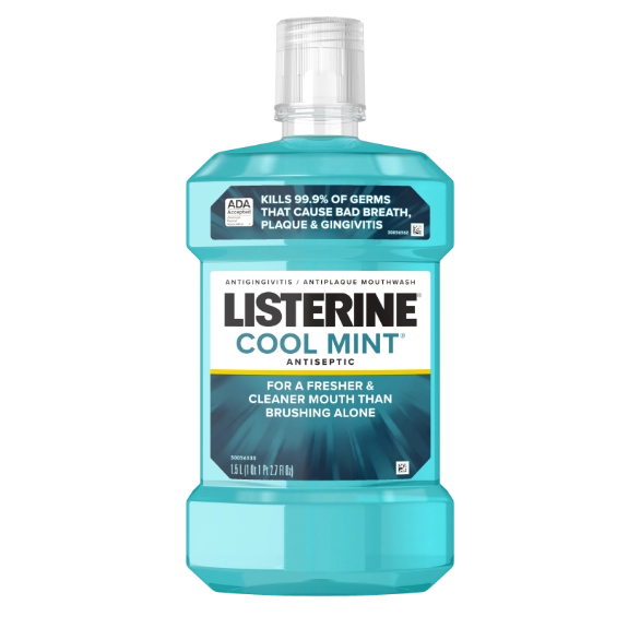 Listerine Cool Mint Mouthwash kills 99.9% of germs that cause bad breath, plaque & gingivitis