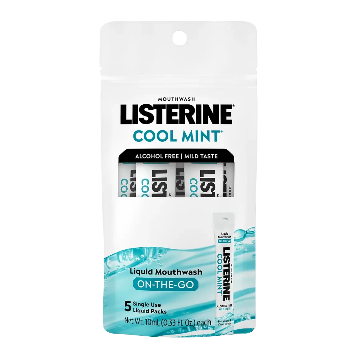 Front pack shot of Listerine® On-The-Go Cool Mint Alcohol Free Mouthwash Packets 10ML 5count