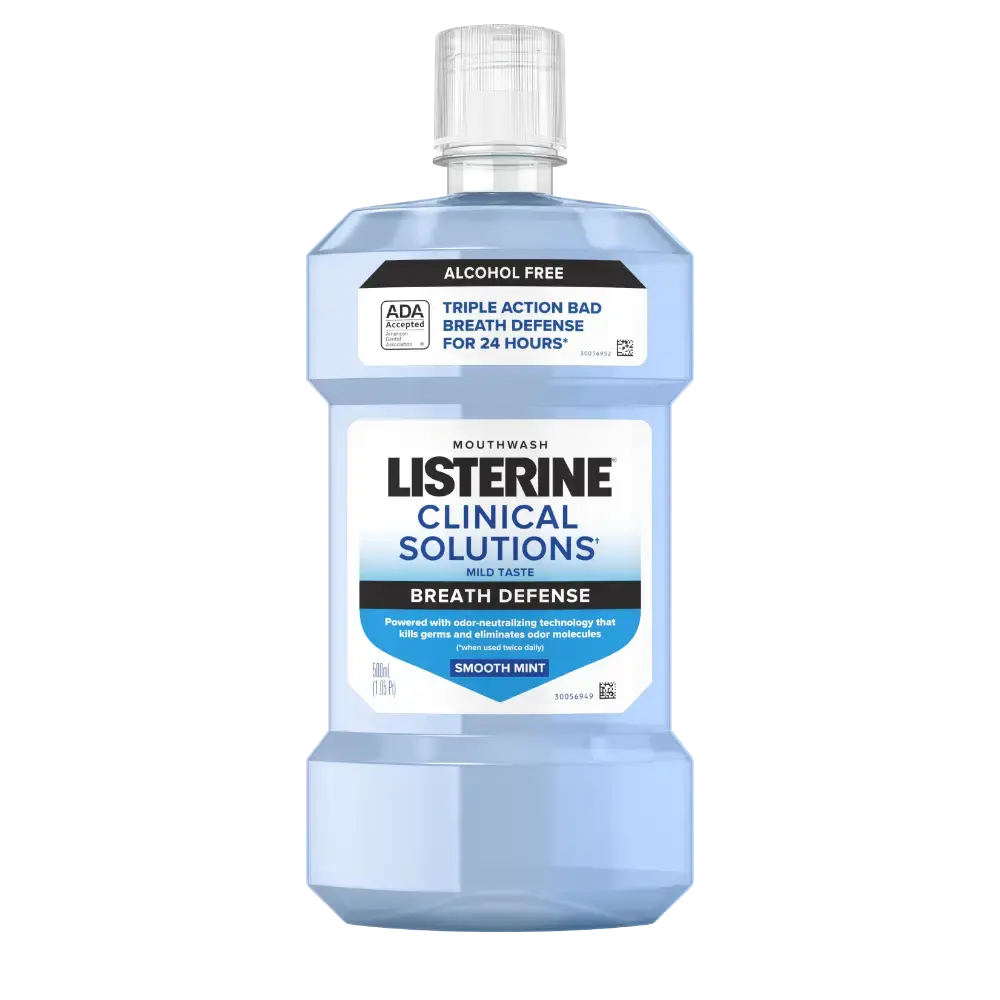 Front Pack Shot of LISTERINE® Clinical Solutions Breath Defense Alcohol Free Mouthwash for Bad Breath 500mL