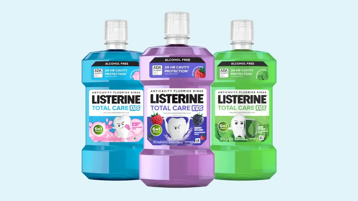LISTERINE® TOTAL CARE Kids Alcohol Free Mouthwash product line 3 flavours for kids