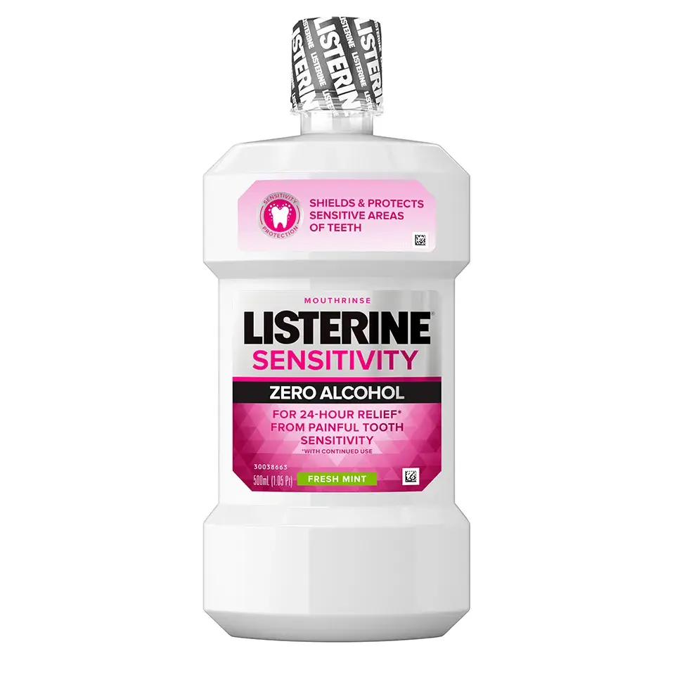 Listerine Sensitivity Mouthrinse contains zero alcohol & shields & protects sensitive areas of teeth