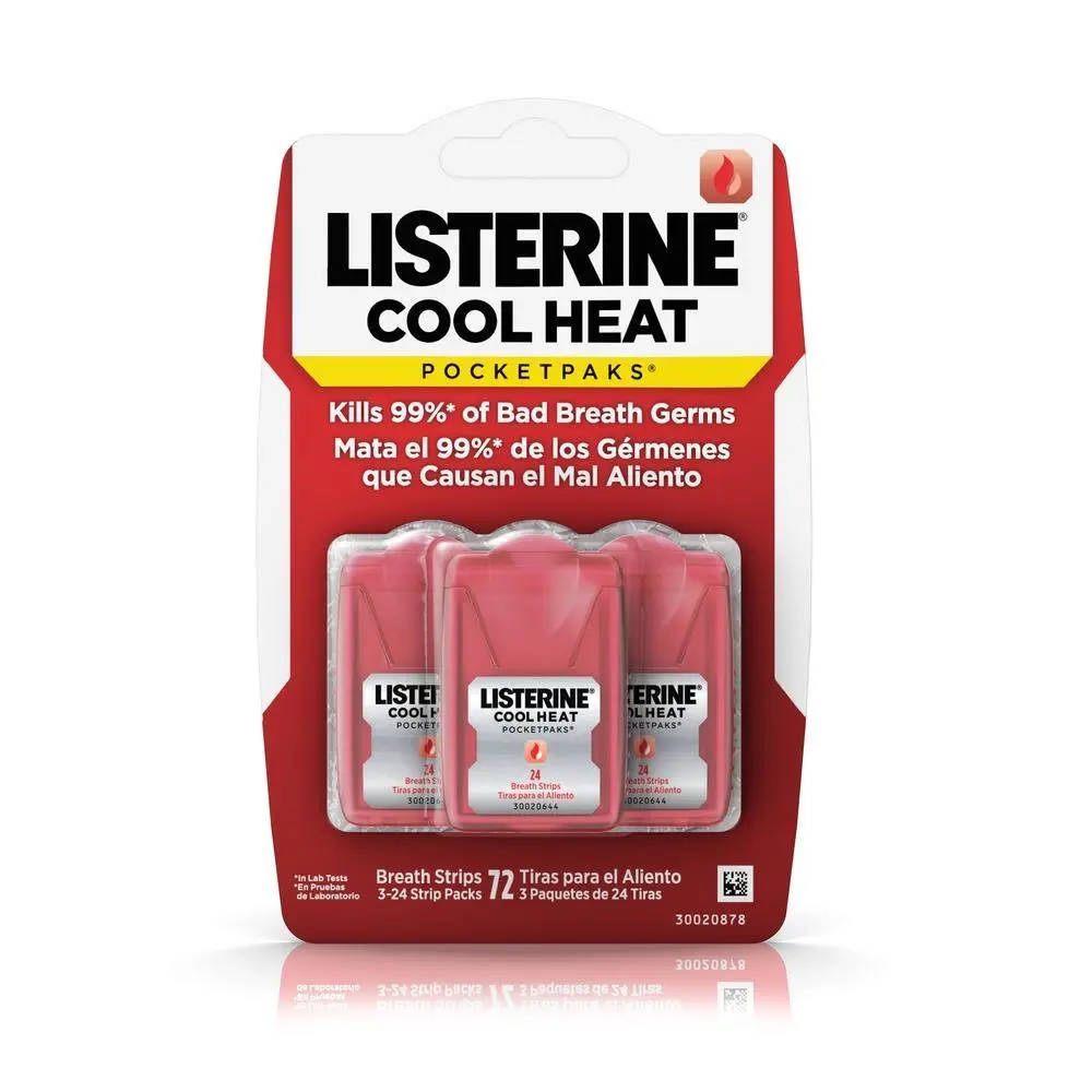 Listerine Cool Heat PocketPaks Breath Strips with 3-24 Strip Packs kills 99.9% of bad breath germs