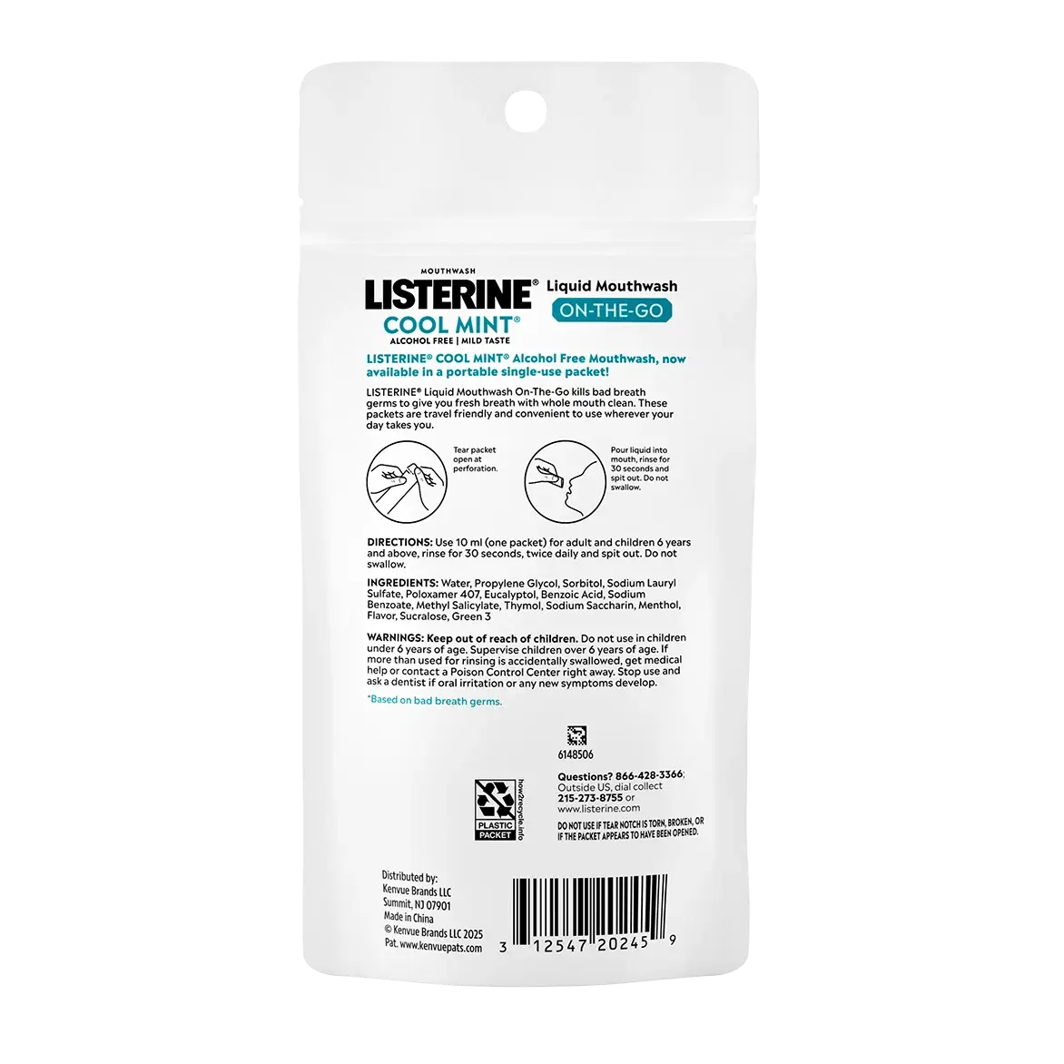 Back pack shot of Listerine® On-The-Go Cool Mint Alcohol Free Mouthwash Packets 10ML 5count