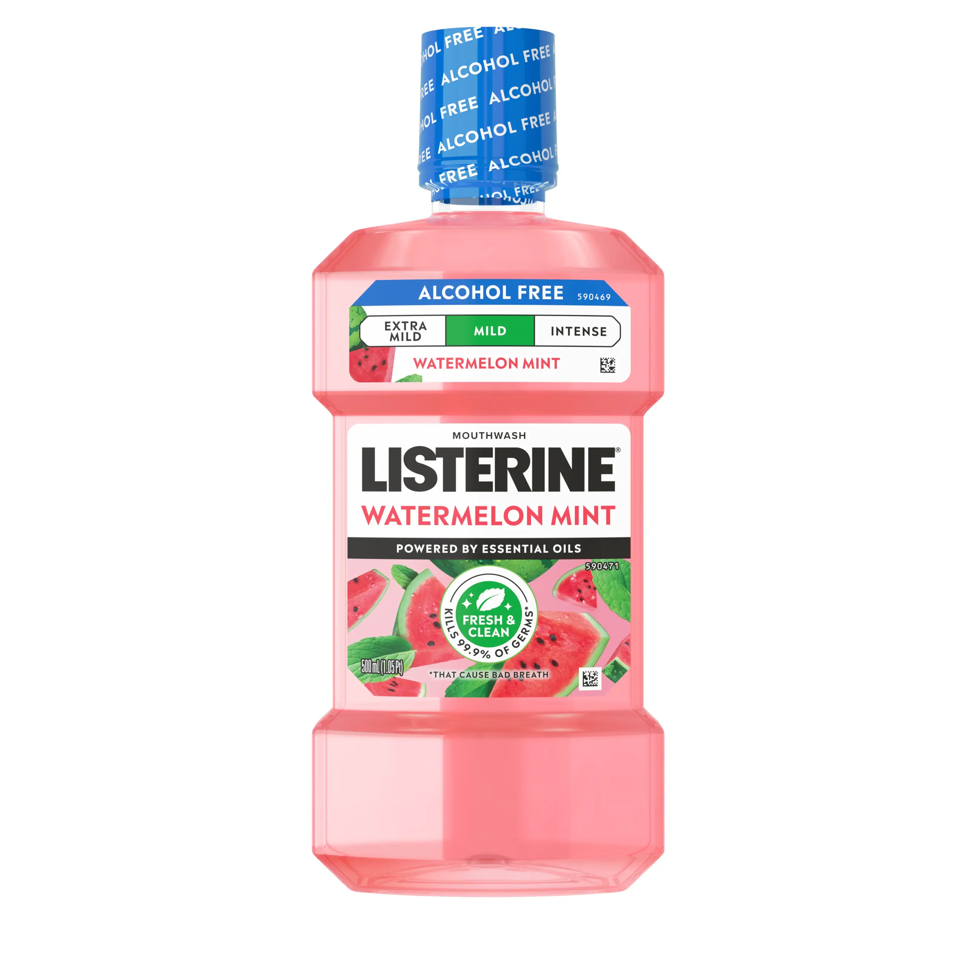 Front pack shot of LISTERINE® Watermelon Mint Alcohol Free Mouthwash 500mL