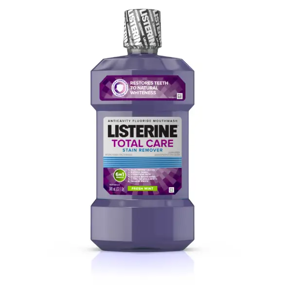 Listerine Total Care Stain Remover Mouthwash + 6-in-1 benefits restores teeth to natural whiteness